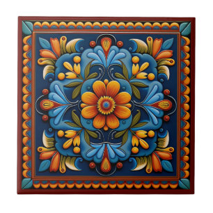 Baldosa cerámica estilo arte huichol mexicano
