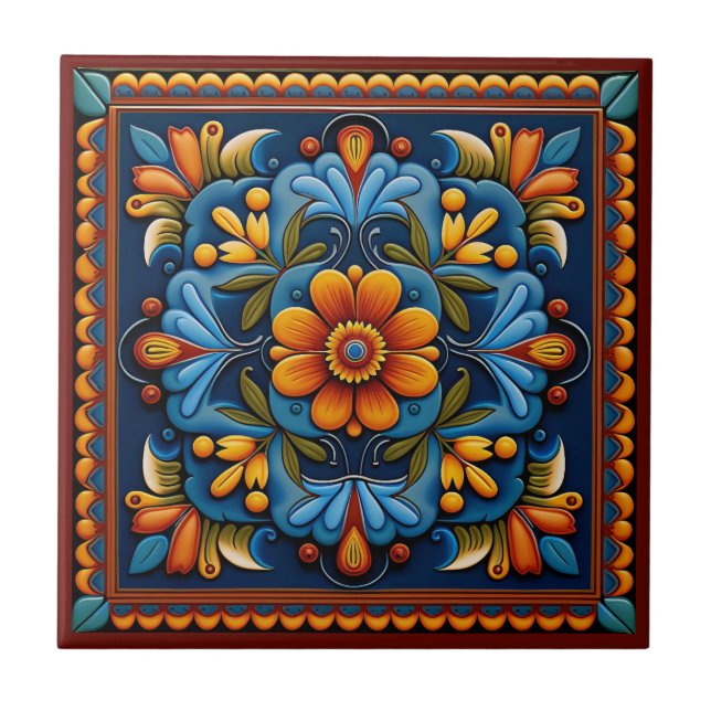 Baldosa cerámica estilo arte huichol mexicano (Frente)