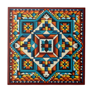 Baldosa cerámica estilo arte huichol mexicano
