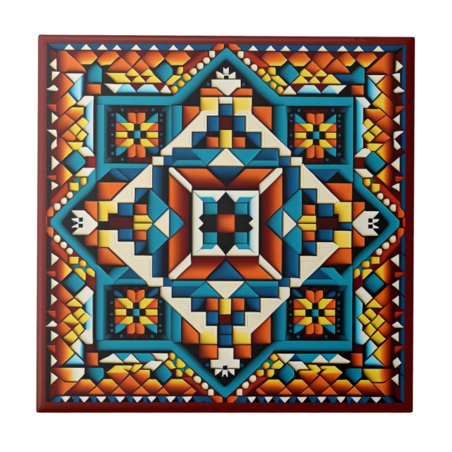Baldosa cerámica estilo arte huichol mexicano (Frente)