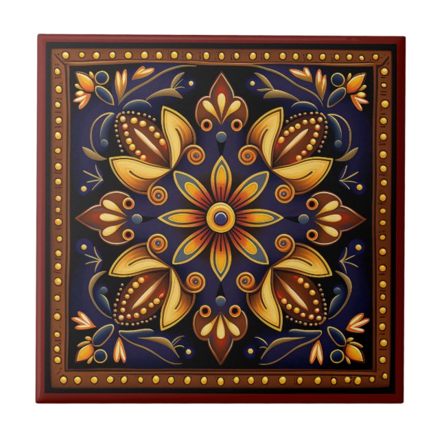 Baldosa cerámica estilo arte huichol mexicano (Frente)
