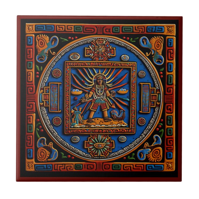 Baldosa cerámica machista de estilo Huichol mexica (Frente)