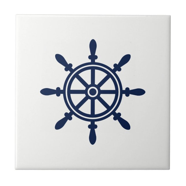 Baldosa cerámica náutica azul y blanca - rueda de (Frente)