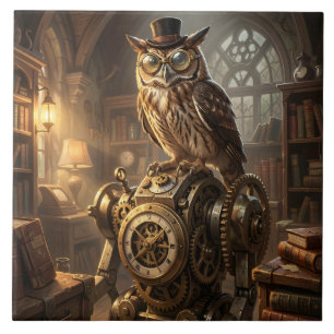 baldosa de arte de mecanismo de reloj búho steampu