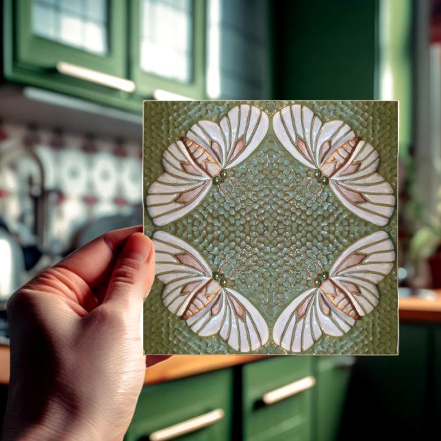 Baldosa de tela de cerámica decorativa (Green and white moth tile. Four moths form a wreath design on this unusual original ceramic tile.)