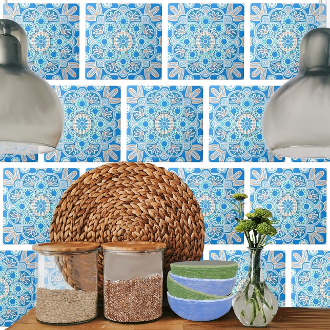 Baldosa decorativa cerámica con geométrica azul cl (Light blue boho tile shown on a kitchen backsplash.)