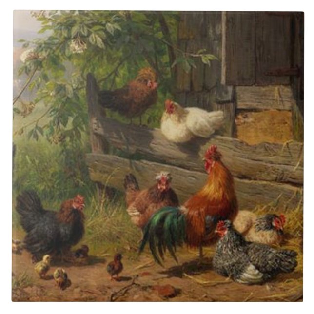 Baldosa decorativa de gallos y gallinas de época (Frente)