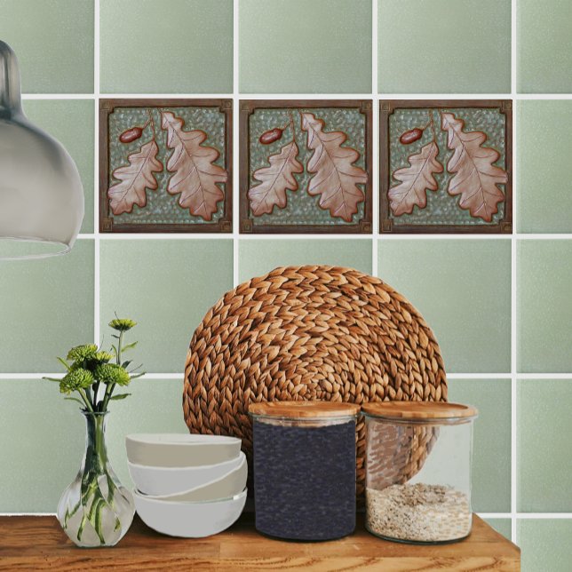 Baldosa decorativa de madera de roble (Green and copper Oak leaf tiles shown on a kitchen backsplash, with Fern greenfield tiles.)