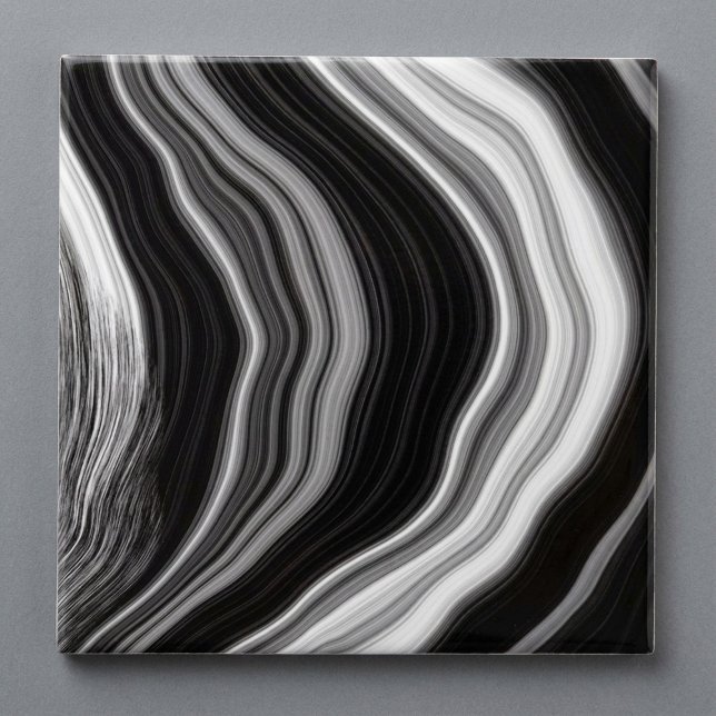 Baldosa efecto agata de mármol blanco y negro (Black and white marble agate effect tile.)