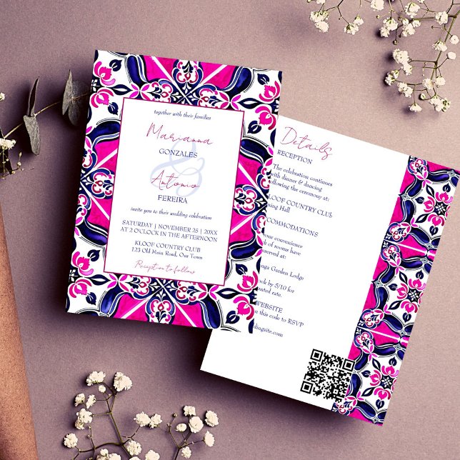 Baldosa mexicana rosa todo en una plantilla de bod (Pink blue Mexican Talavera Majolica tile all in one wedding template invitation digital download)