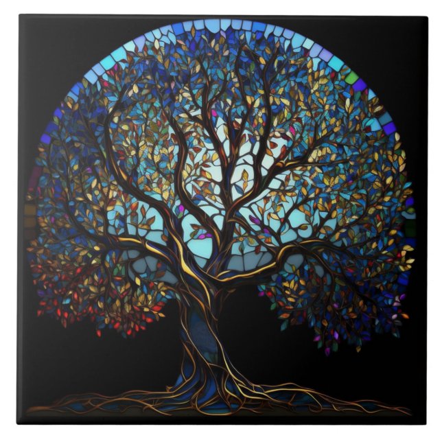 Baldosa negra con árbol de la vida de mosaico mult (Frente)