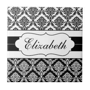 Baldosa personalizada Damask en blanco y negro