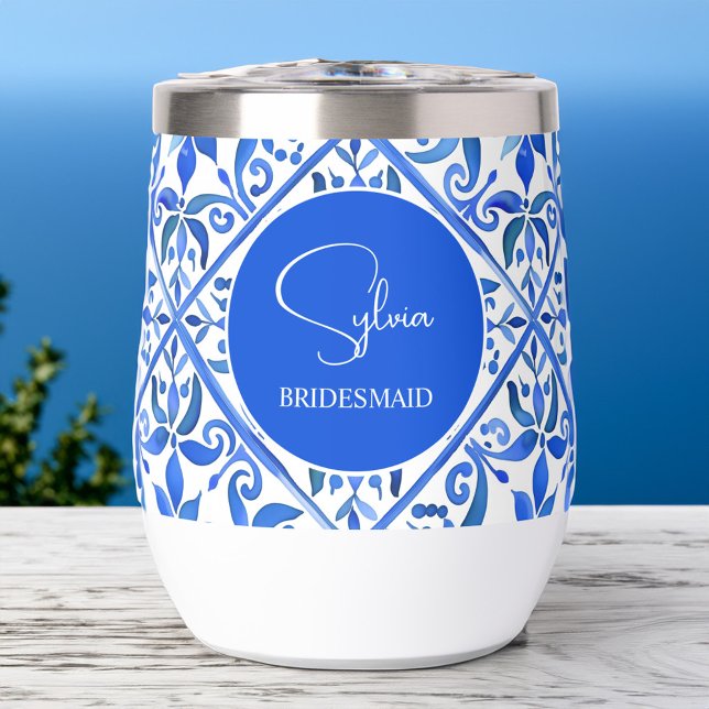 Baldosas azules azules azulejos españoles regalos  (Blue Talavera Spanish Azulejo tiles bridesmaids gifts personalized monogram Thermal Wine Tumbler)