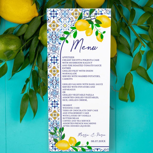 Baldosas azules italianas acuarela menú boda limón (Subido por el creador)