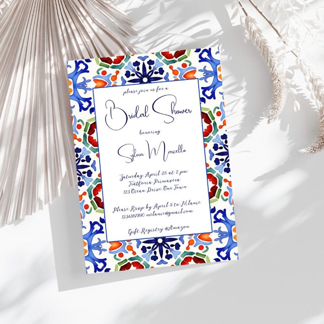 Baldosas azules mexicanas coloridas plantilla de d (Blue Mexican Spanish colorful Talavera azulejo tiles bridal shower invitation template download)