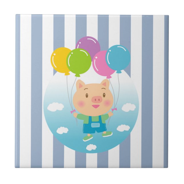Baldosas Cerámicas Cerdo Globos Raya Azul y Blanco (Frente)