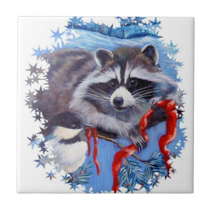 Baldosas cerámicas de Raccoon y Chickadee Winter