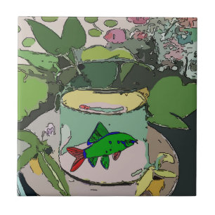 Baldosas de arte abstractas, peces verdes en tazón