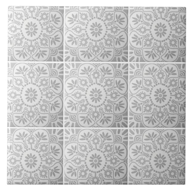 Baldosas de cerámica geométrica gris y blanca (Nine gray and white geometric tiles shown together.)