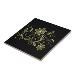 Baldosas de cerámica negra con flores de oro elegi