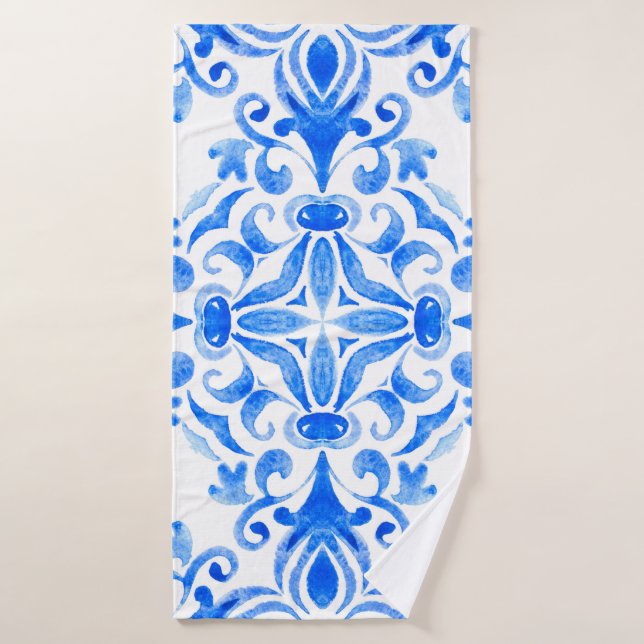 Baldosas dibujadas a mano en azul y blanco sin sol (Toalla de baño)