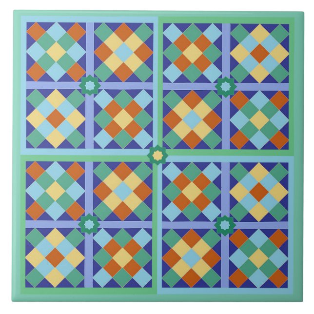 Baldosas marroquíes en terracota de oro verde azul (Frente)