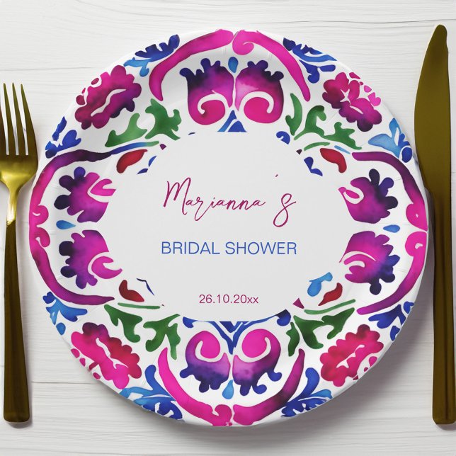 Baldosas mexicanas de color rosa con vajilla de du (Pink blue Mexican tiles bridal shower tableware personalized Plates fiesta Mexicana party plates)