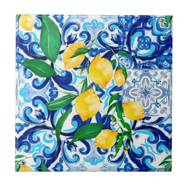 Baldosas sicilianas, limón, mosaico, majólica, (Frente)