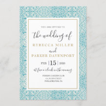 Baldosas turquesa e invitación a la boda de oro
