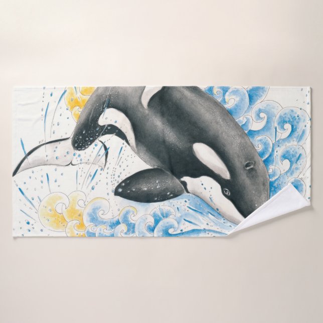 Ballena asesina de orca saltando a la acuarela de  (Toalla de baño)