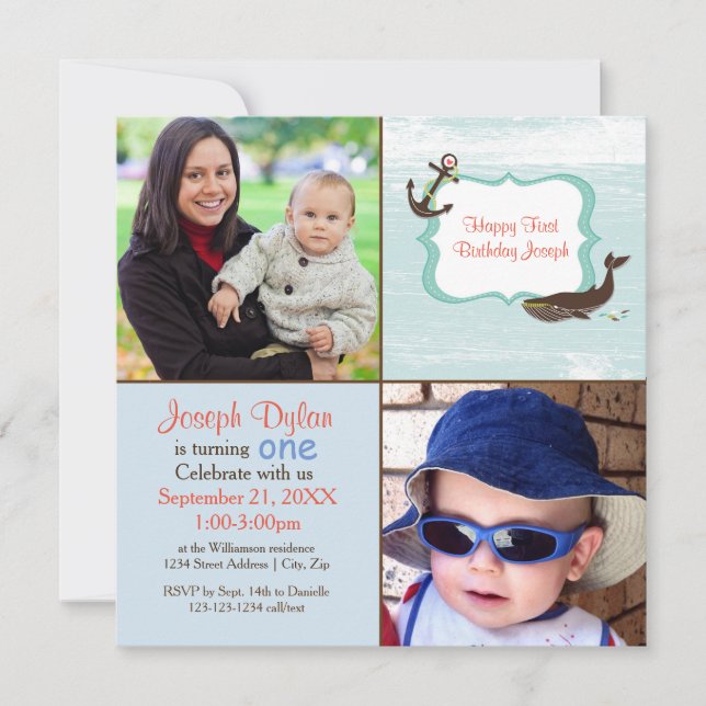 Ballena azul 2 niños fotográficos - Invitación de  (Anverso)