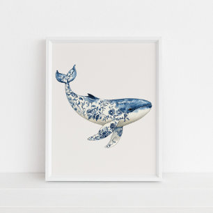 Ballena - Azul costero en arte de pared beige