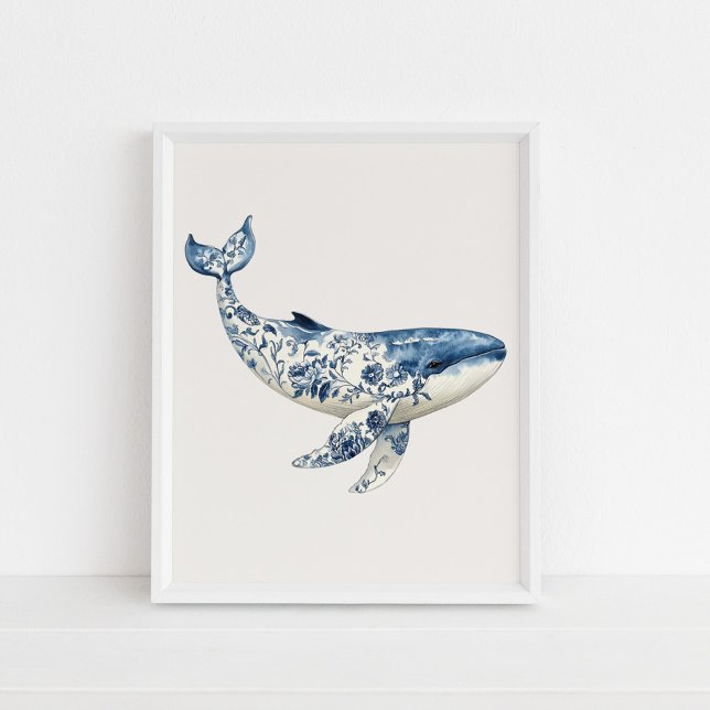 Ballena - Azul costero en arte de pared beige (Whale – Coastal Blue on Beige Wall Art in a white frame on the floor.)