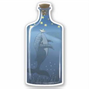 Ballena con barco y estrellas en un Pegatina de bo