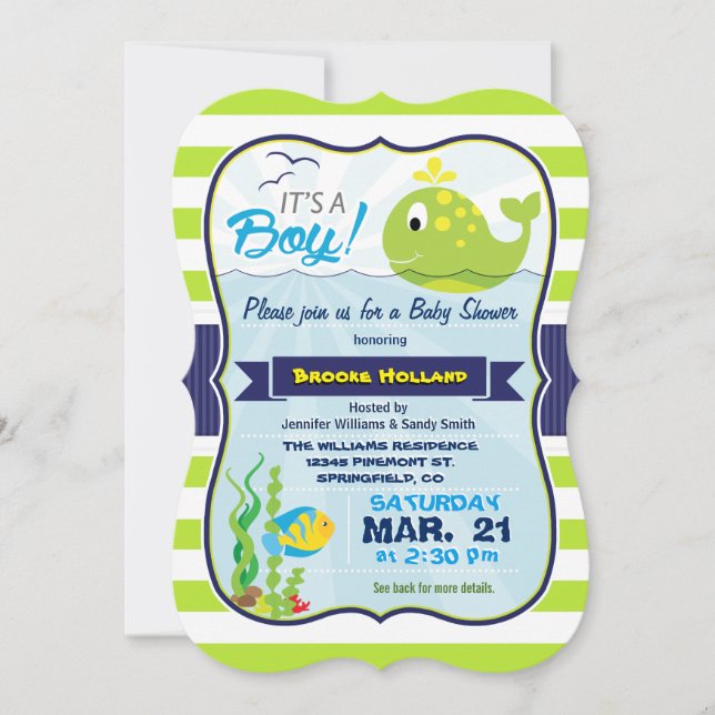 Ballena de bebé verde, invitación de niño a Baby S (Anverso)