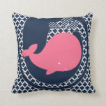 Ballena rosa en Cojín decorativo azul de la marina<br><div class="desc">Si te gustan las ballenas,  te encantará esta divertida y colorida almohada de ballena con una ballena rosa sobre un fondo con motivos azul marino. Esta almohada de ballena es ideal para los niños,  las habitaciones,  el vivero,  la sala de juegos o la sala de recreación.</div>