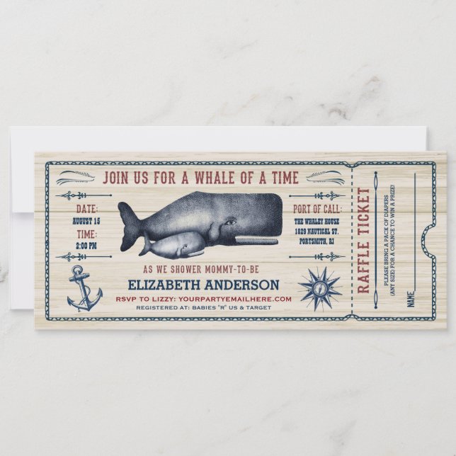 Ballena vintage, Invitación al billete Baby Shower (Anverso)
