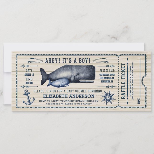 Ballena vintage, Invitación al billete Baby Shower (Anverso)