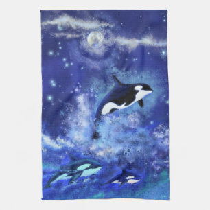 Ballenas asesinas con toalla de cocina azul de lun