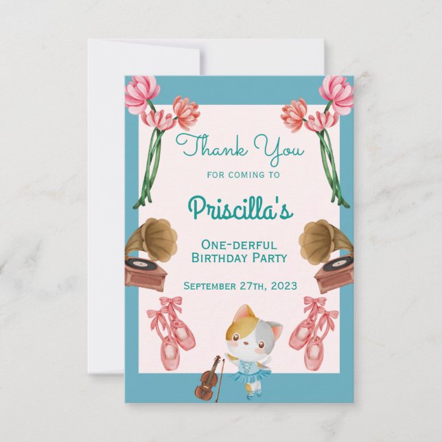 Ballerina Cat Kids Birday Fiesta Gracias Tarjeta (Anverso)