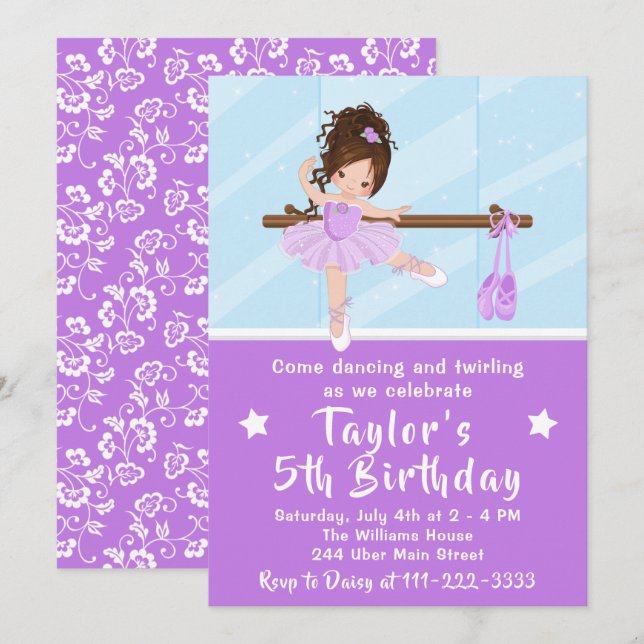 Ballerina de cabello marrón en invitación a cumple (Anverso / Reverso)