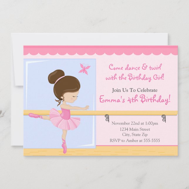 Ballerina Invitación al cumpleaños Brunette 5x7 Ta (Anverso)