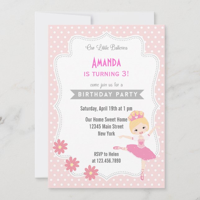 Ballerina Invitación al cumpleaños dulce rosa (Anverso)