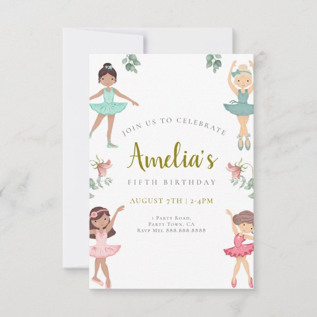 Ballerina Invitación de cumpleaños Rosado y Oro (Anverso)