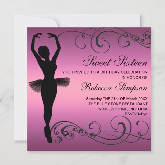 Ballerina negra y rosa e invitación de cumpleaños  (Anverso)