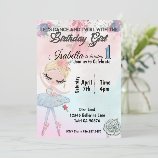 Ballerina Primera invitación para cumpleaños (Anverso de pie)