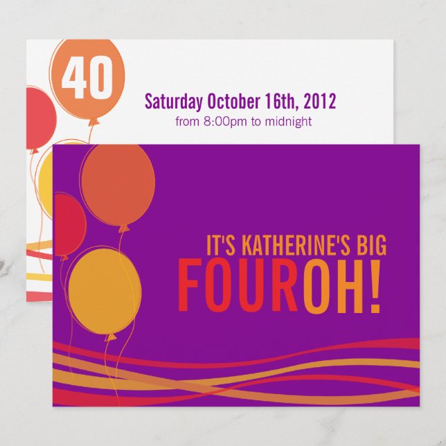 Balloon 40th FOUROH! invitación de cumpleaños de f (Anverso / Reverso)