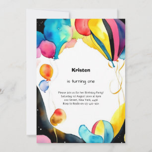 Balloon Watercolor 1ª Invitación de cumpleaños