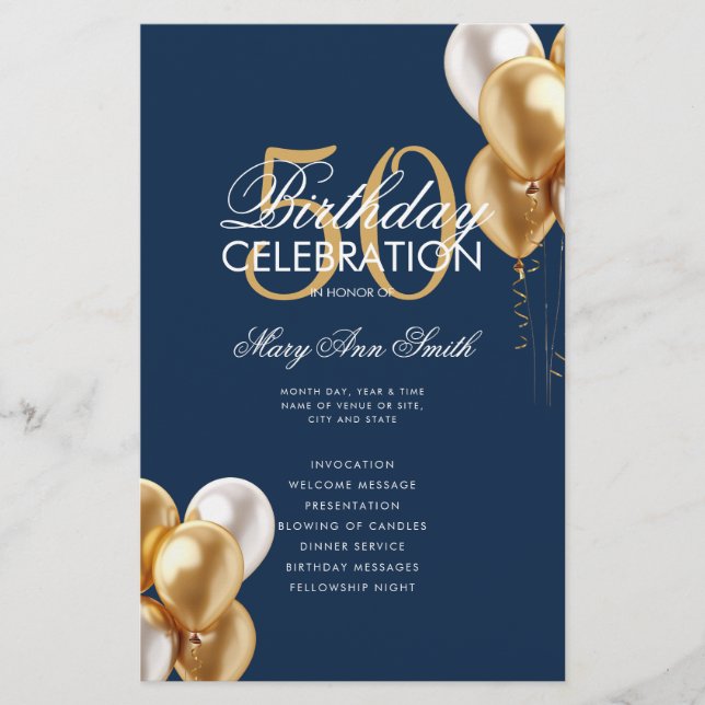 Balloons 50th Birthday Program Gold & Navy Menu (Frente)