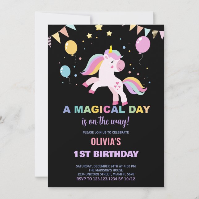 Balloons Banderas Unicornios Invitaciones de cumpl (Anverso)